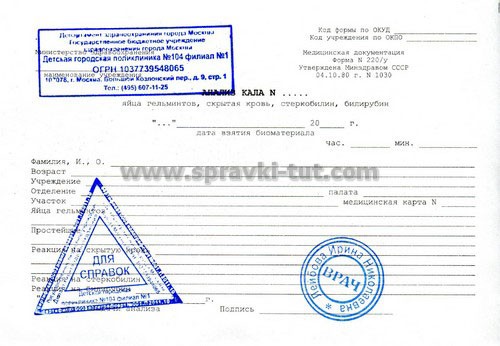 Справка на яйцеглист по форме 220 у